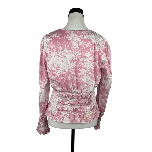 WAYF Pink Toile Print Smocked Peplum Blouse L Long Sleeve Wrap Cottagecore - Picture 5 of 10